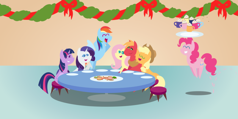 Size: 4320x2160 | Tagged: safe, anonymous artist, derpibooru import, applejack, big macintosh, fluttershy, pinkie pie, rainbow dash, rarity, twilight sparkle, twilight sparkle (alicorn), alicorn, earth pony, pegasus, pony, unicorn, series:fm holidays, series:hearth's warming advent calendar 2021, advent calendar, chocolate, christmas, christmas cookies, cookie, female, fluttermac, food, garland, high res, holiday, hot chocolate, image, lineless, male, mane six, mare, mug, png, pointy ponies, pronking, shipping, sitting, sprinkles, stallion, straight, table, whipped cream