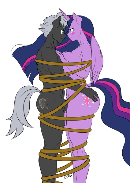 Size: 2508x3541 | Tagged: explicit, artist:pia-sama, derpibooru import, princess twilight 2.0, twilight sparkle, twilight sparkle (alicorn), oc, oc:lee enfield, alicorn, anthro, unicorn, bondage, bound together, butt, canon x oc, dock, grope, hug, image, implied sex, large butt, looking into each others eyes, naked hug, nudity, penis, png, rope, rope bondage, tail