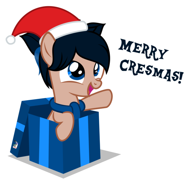Size: 3680x3480 | Tagged: safe, artist:strategypony, derpibooru import, oc, oc:crescend cinnamon, unofficial characters only, earth pony, pony, christmas, christmas presents, cute, earth pony oc, female, filly, foal, greeting, hat, holiday, image, intentional spelling error, merry christmas, ocbetes, png, present, santa hat, simple background, transparent background, younger
