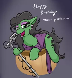 Size: 580x627 | Tagged: safe, artist:jargon scott, derpibooru import, oc, oc:anon-mare, unofficial characters only, earth pony, pony, clothes, dress, eyeshadow, female, happy birthday, image, lidded eyes, looking at you, makeup, mare, microphone, open mouth, png, singing, solo