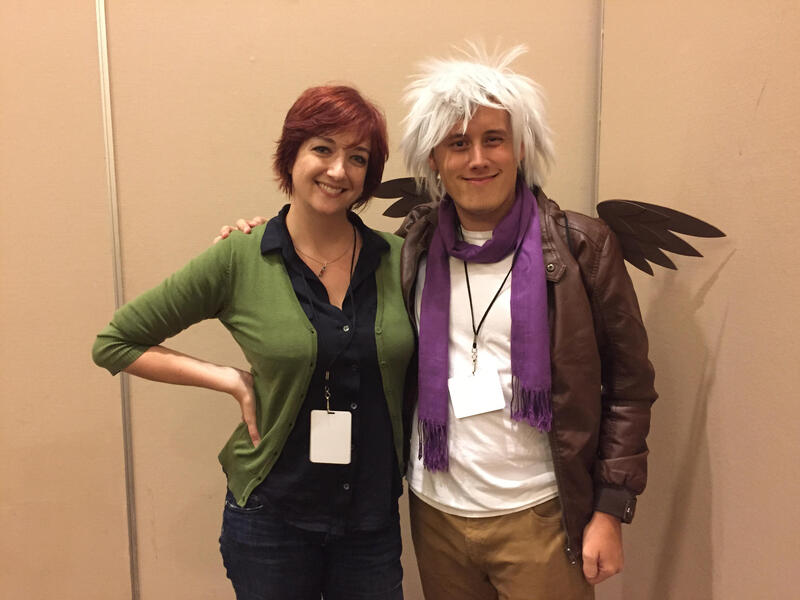 Size: 2828x2121 | Tagged: safe, artist:cinemabrony, derpibooru import, gilda, human, clothes, cosplay, costume, equestria la, equestria la 2015, image, irl, irl human, jpeg, lauren faust, photo, scarf