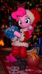 Size: 2160x3840 | Tagged: safe, artist:owlpirate, derpibooru import, pinkie pie, earth pony, pony, 3d, 4k, bipedal, boots, christmas, christmas tree, clothes, coal, costume, female, fireplace, glasses, hat, high res, holiday, hoof hold, image, looking at you, mare, png, present, sack, santa costume, santa hat, shoes, smiling, smiling at you, solo, source filmmaker, tinsel, tree