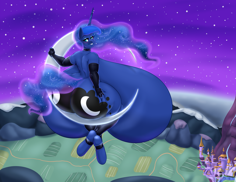 Size: 4519x3500 | Tagged: questionable, alternate version, artist:blues64, derpibooru import, princess luna, alicorn, anthro, unguligrade anthro, big breasts, breasts, busty princess luna, canterlot, clothes, crescent moon, digital art, female, gloves, huge breasts, hyper, hyper breasts, image, impossibly large breasts, long gloves, looking back, moon, night, nipples, nudity, png, sitting, smiling, solo, solo female, starry night, stars, the ass was fat, wingless, wingless anthro