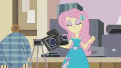 Size: 3410x1920 | Tagged: safe, derpibooru import, screencap, fluttershy, equestria girls, equestria girls series, outtakes (episode), clothes, cutie mark, cutie mark on clothes, eyes closed, female, geode of fauna, hairpin, high res, image, jewelry, jpeg, magical geodes, necklace, smiling, solo, video camera
