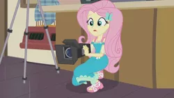 Size: 3410x1920 | Tagged: safe, derpibooru import, screencap, fluttershy, equestria girls, equestria girls series, outtakes (episode), clothes, cutie mark, cutie mark on clothes, female, geode of fauna, hairpin, high res, image, jewelry, jpeg, magical geodes, necklace, open mouth, sandals, solo, video camera