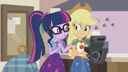 Size: 3410x1920 | Tagged: safe, derpibooru import, screencap, applejack, sci-twi, twilight sparkle, equestria girls, equestria girls series, outtakes (episode), :o, applejack's hat, belt, bowtie, clothes, cowboy hat, cutie mark, cutie mark on clothes, denim skirt, duo, duo female, female, geode of super strength, geode of telekinesis, glasses, hat, high res, image, jewelry, jpeg, magical geodes, necklace, open mouth, ponytail, skirt, smiling, video camera