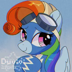 Size: 2000x2000 | Tagged: safe, artist:duvivi, derpibooru import, rainbow dash, pegasus, pony, alternate hairstyle, clothes, goggles, image, jpeg, lidded eyes, rainbow fash, smiling, solo, uniform, wonderbolts uniform