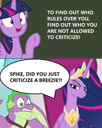 Size: 762x952 | Tagged: safe, derpibooru import, edit, screencap, spike, twilight sparkle, breezie, chalkboard, image, png, politics, voltaire