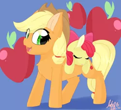 Size: 2598x2362 | Tagged: safe, artist:jubyskylines, derpibooru import, apple bloom, applejack, earth pony, pony, apple, apple background, apple bloom riding applejack, apple sisters, eye clipping through hair, eyes closed, female, filly, food, image, mare, open mouth, open smile, png, siblings, sisters, sleeping, smiling, tongue out