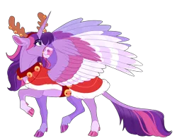 Size: 2300x1800 | Tagged: safe, artist:uunicornicc, derpibooru import, twilight sparkle, twilight sparkle (alicorn), alicorn, pony, antlers, bell, bell collar, bridle, cape, clothes, cloven hooves, collar, harness, heart eyes, image, jingle bells, leonine tail, png, raised hoof, reindeer antlers, reins, smiling, solo, tack, tail, wingding eyes