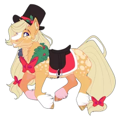 Size: 2000x1900 | Tagged: safe, artist:uunicornicc, derpibooru import, applejack, earth pony, pony, bow, cheek fluff, christmas wreath, ear fluff, grin, hair bow, hat, heart eyes, holly, image, neck fluff, png, saddle, smiling, solo, tack, tail, tail bow, top hat, unshorn fetlocks, wingding eyes, wreath