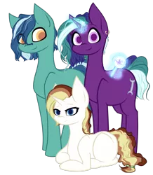Size: 2148x2467 | Tagged: safe, artist:those kids in the corner, derpibooru import, oc, oc:chaos bringer, oc:spark, unnamed oc, earth pony, pony, unicorn, derpibooru community collaboration, 2021 community collab, curly hair, female, hairtie, image, levitation, lying down, magic, male, mare, png, pregnant, rattle, simple background, smiling, stallion, standing, telekinesis, transparent background, trio