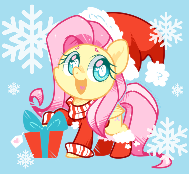 Size: 1000x920 | Tagged: safe, artist:yokokinawa, derpibooru import, fluttershy, pegasus, pony, blue background, booties, christmas, clothes, cute, female, hat, heart eyes, holiday, image, mare, open mouth, png, present, santa hat, shyabetes, simple background, snow, snowflake, solo, sweater, sweatershy, wingding eyes