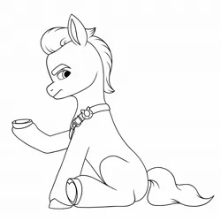 Size: 2048x2048 | Tagged: safe, artist:dancingkinfiend, derpibooru import, sprout cloverleaf, earth pony, pony, my little pony: a new generation, angry, badge, belt, black and white, clothes, eyebrows down, frown, g5, grayscale, image, jpeg, lineart, male, monochrome, serious, serious face, solo, stallion, tail, wavy hair, wavy mane, wavy tail