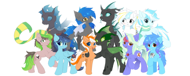 Size: 5000x2000 | Tagged: safe, artist:neverend, derpibooru import, oc, oc:accurate balance, oc:chela, oc:freedom melody, oc:frosty illusion, oc:liquid heart, oc:serene secrets, oc:utopia, oc:west wind, oc:zerol acqua, unofficial characters only, bat pony, changeling, pegasus, unicorn, derpibooru community collaboration, 2022 community collab, :3, accopia, blushing, chest fluff, clothes, forked tongue, green changeling, image, looking at you, png, scarf, smiling, spread wings, tongue out, wide eyes, wings