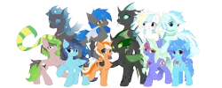 Size: 5000x2000 | Tagged: safe, artist:neverend, derpibooru import, oc, oc:accurate balance, oc:chela, oc:freedom melody, oc:frosty illusion, oc:liquid heart, oc:serene secrets, oc:utopia, oc:west wind, oc:zerol acqua, unofficial characters only, bat pony, changeling, pegasus, unicorn, derpibooru community collaboration, 2022 community collab, :3, accopia, blushing, chest fluff, clothes, forked tongue, green changeling, image, looking at you, png, scarf, smiling, spread wings, tongue out, wide eyes, wings