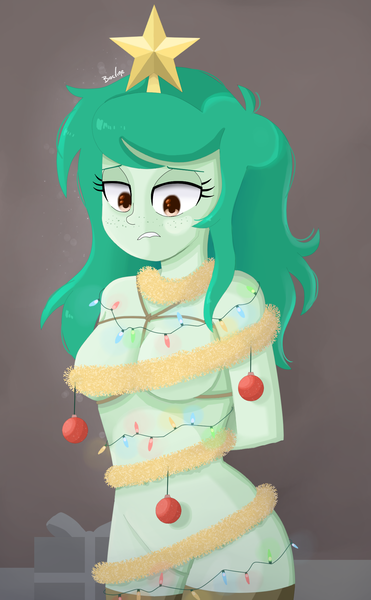 Size: 1268x2048 | Tagged: questionable, artist:biocrine, derpibooru import, wallflower blush, equestria girls, adorasexy, bauble, bondage, breasts, busty wallflower blush, christmas, christmas lights, covered nipples, cute, embarrassed, featureless crotch, holiday, image, ornament, ornaments, partial nudity, png, sexy, solo, stars, tinsel