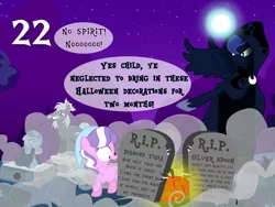 Size: 1280x960 | Tagged: safe, artist:bronybyexception, derpibooru import, diamond tiara, princess luna, oc, oc:snowdrop, alicorn, earth pony, pegasus, pony, a christmas carol, advent calendar, christmas, dialogue, female, fog, ghost of christmas past, ghost of christmas present, ghost of christmas yet to come, grave, gravestone, graveyard, halloween, hat, holiday, image, jack-o-lantern, jpeg, mare, moral event horizon, pumpkin, sleeping cap