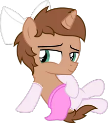 Size: 1997x2256 | Tagged: suggestive, artist:peternators, derpibooru import, oc, oc:heroic armour, unofficial characters only, pony, unicorn, bedroom eyes, bow, clothes, colt, crossdressing, hair bow, image, male, png, simple background, sitting, skirt, skirt lift, smiling, socks, stockings, thigh highs, transparent background