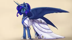 Size: 3840x2160 | Tagged: safe, artist:tenebrisnoctus, derpibooru import, princess luna, alicorn, pony, alternate hairstyle, clothes, crown, dress, female, high res, image, jewelry, mare, png, regalia, solo