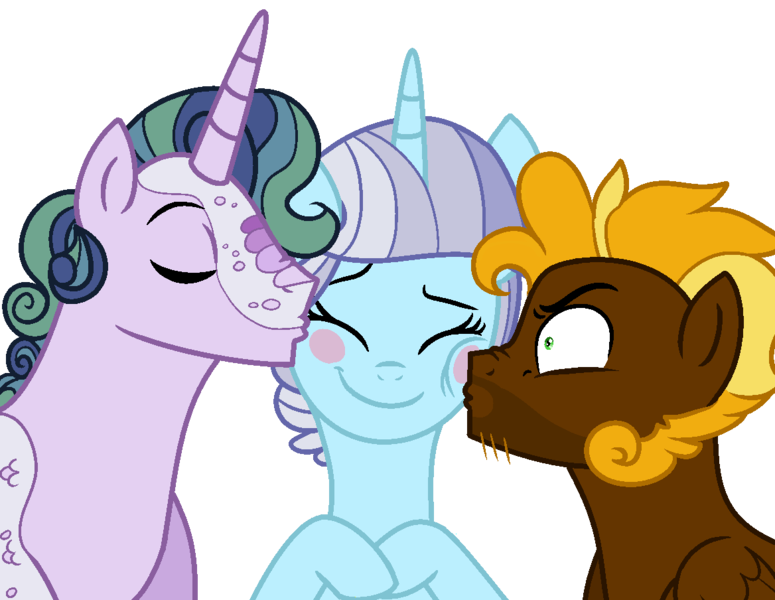 Size: 1168x904 | Tagged: safe, artist:bishopony, derpibooru import, oc, oc:cinnamon, oc:lance, oc:radiance, dracony, hybrid, pegasus, pony, unicorn, base used, blush sticker, blushing, female, horn, image, interspecies offspring, kiss on the cheek, kiss sandwich, kissing, magical lesbian spawn, male, mare, oc x oc, offspring, parent:dumbbell, parent:lightning dust, parent:rarity, parent:spike, parent:trixie, parent:twilight sparkle, parents:lightningbell, parents:sparity, parents:twixie, pegasus oc, png, shipping, simple background, stallion, straight, transparent background, unicorn oc, wings