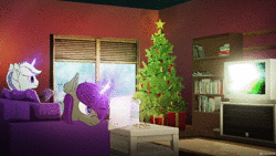 Size: 1920x1080 | Tagged: safe, artist:etheria galaxia, derpibooru import, oc, oc:etheria galaxia, oc:scratch wub, unofficial characters only, alicorn, pony, unicorn, alicorn oc, animated, bookshelf, christmas, christmas lights, christmas tree, cinemagraph, cookie, couch, derpibooru exclusive, drink, drinking, duo, female, food, gaming, glasses, glow, glowing horn, holiday, horn, image, indoors, levitation, magic, male, mare, milk, pepsi, plate, present, room, snow, snowfall, soda, stallion, telekinesis, tree, webm, window, wings