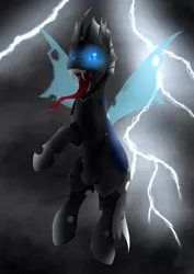 Size: 4960x7015 | Tagged: safe, artist:ginnythequeen, derpibooru import, oc, oc:404, changeling, cloud, dark, image, lighting, png, solo, thunder