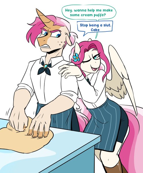 Size: 1063x1287 | Tagged: suggestive, artist:redxbacon, derpibooru import, oc, oc:angel cake, oc:cherry tart, unofficial characters only, anthro, pegasus, pony, unicorn, brother and sister, female, image, implied incest, jpeg, male, siblings