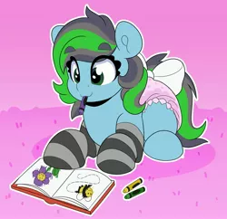 Size: 3757x3632 | Tagged: safe, artist:duckie, derpibooru import, oc, earth pony, pony, abdl, age regression, bow, clothes, coloring, coloring book, crayon, crayon drawing, crayons, diaper, eye clipping through hair, eyebrows, eyebrows visible through hair, image, jpeg, lying down, socks, tail, tail bow, traditional art