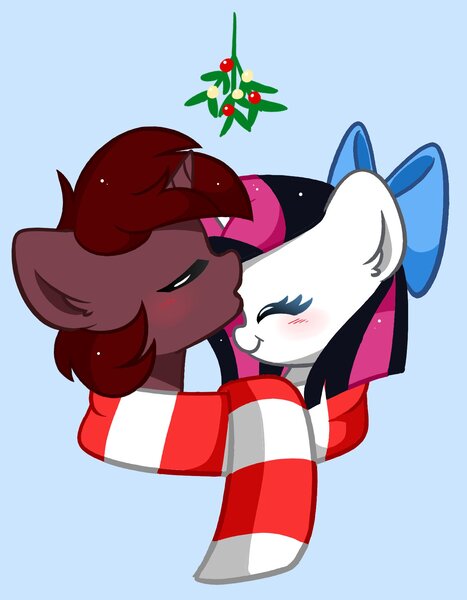 Size: 1452x1864 | Tagged: safe, artist:kittyrosie, derpibooru import, oc, pony, unicorn, blushing, clothes, eyes closed, holly, horn, image, jpeg, kiss on the head, kissing, oc x oc, scarf, shared clothing, shared scarf, shipping, simple background, striped scarf, unicorn oc