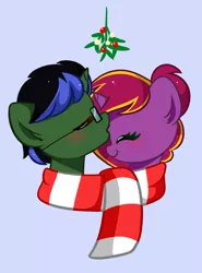 Size: 1425x1922 | Tagged: safe, artist:kittyrosie, derpibooru import, oc, oc:diamond-chi, oc:thunderspeak, pony, unicorn, blushing, clothes, eyes closed, holly, horn, image, jpeg, kiss on the head, kissing, oc x oc, scarf, shared clothing, shared scarf, shipping, simple background, striped scarf