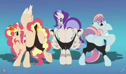 Size: 6000x3500 | Tagged: suggestive, alternate version, artist:miniferu, author:bigonionbean, derpibooru import, applejack, cloudy quartz, fluttershy, pinkie pie, posey shy, rainbow dash, rarity, starlight glimmer, sunset shimmer, twilight velvet, windy whistles, zecora, oc, oc:earthing elements, oc:princess mythic majestic, oc:queen motherly morning, alicorn, hybrid, pony, zebra, alicorn oc, alicorn princess, blushing, butt, clothes, colored, commissioner:bigonionbean, cutie mark, dummy thicc, embarrassed, extra thicc, female, flank, flat colors, freckles, fusion, fusion:earthing elements, fusion:princess mythic majestic, fusion:queen motherly morning, glasses, horn, image, magic, mare, pants, plot, png, squishy, squishy cheeks, stretchy, striped, thicc ass, wings