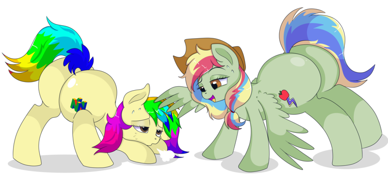 Size: 8700x3900 | Tagged: safe, artist:rainbowtashie, author:bigonionbean, derpibooru import, applejack, rainbow dash, oc, oc:rainbow tashie, oc:zap-apple jam, earth pony, pegasus, pony, butt, commissioner:bigonionbean, cowboy hat, cutie mark, exercise, female, flank, fusion, fusion:zap-apple jam, hat, image, mare, nintendo, nintendo 64, plot, png, stetson, sweat