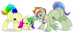 Size: 8700x3900 | Tagged: safe, artist:rainbowtashie, author:bigonionbean, derpibooru import, applejack, rainbow dash, oc, oc:rainbow tashie, oc:zap-apple jam, earth pony, pegasus, pony, butt, commissioner:bigonionbean, cowboy hat, cutie mark, exercise, female, flank, fusion, fusion:zap-apple jam, hat, image, mare, nintendo, nintendo 64, plot, png, stetson, sweat