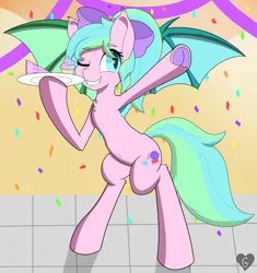 Size: 4937x5256 | Tagged: safe, artist:gnashie, derpibooru import, oc, oc:sugar sweet, unofficial characters only, bat pony, bat pony oc, bat wings, belly button, bipedal, bow, cake, confetti, cupcake, ear fluff, fangs, food, image, one eye closed, plate, png, ponytail, streamers, tiled floor, underhoof, wings, wink
