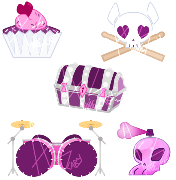 Size: 2420x2477 | Tagged: safe, artist:khimi-chan, derpibooru import, oc, unofficial characters only, chest, cupcake, cutie mark, cutie mark only, drums, food, image, musical instrument, no pony, png, simple background, skull, transparent background