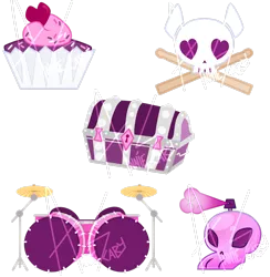 Size: 2420x2477 | Tagged: safe, artist:khimi-chan, derpibooru import, oc, unofficial characters only, chest, cupcake, cutie mark, cutie mark only, drums, food, image, musical instrument, no pony, png, simple background, skull, transparent background