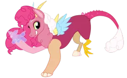 Size: 3122x1921 | Tagged: safe, artist:khimi-chan, derpibooru import, oc, unofficial characters only, draconequus, draconequus oc, female, grin, image, interspecies offspring, offspring, parent:discord, parent:pinkie pie, parents:discopie, png, simple background, smiling, solo, transparent background