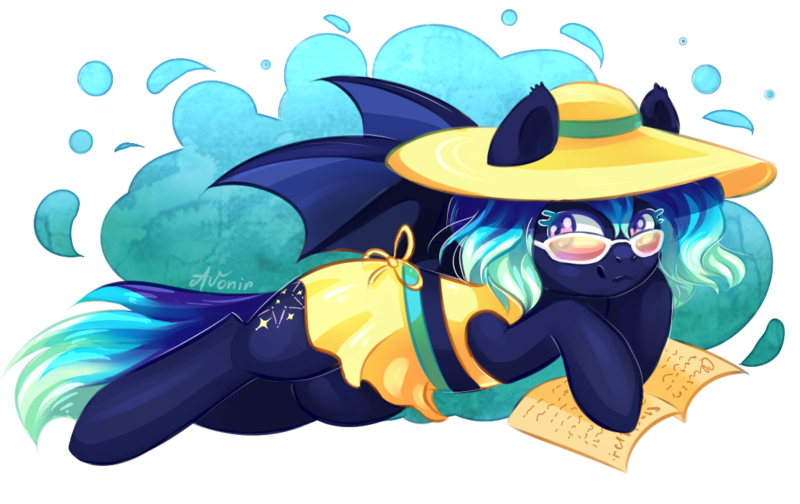 Size: 1113x701 | Tagged: safe, artist:avonir, derpibooru import, oc, oc:aurora starcatcher, unofficial characters only, bat pony, pony, bat pony oc, bat wings, book, clothes, dress, female, hat, image, lying down, mare, png, prone, simple background, solo, sun hat, transparent background, wings