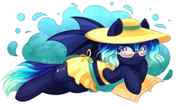 Size: 1113x701 | Tagged: safe, artist:avonir, derpibooru import, oc, oc:aurora starcatcher, unofficial characters only, bat pony, pony, bat pony oc, bat wings, book, clothes, dress, female, hat, image, lying down, mare, png, prone, simple background, solo, sun hat, transparent background, wings