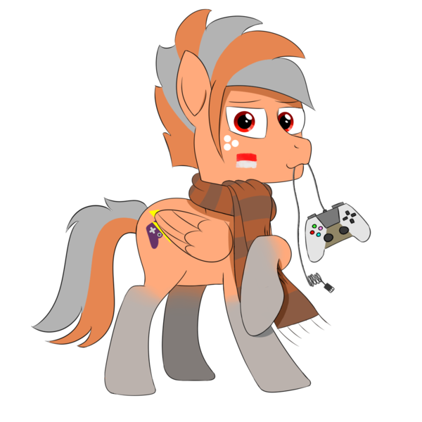 Size: 1200x1200 | Tagged: safe, artist:habiepon3, derpibooru import, oc, oc:habie hardcores, unofficial characters only, pegasus, pony, derpibooru community collaboration, 2022 community collab, base used, clothes, controller, image, looking at you, male, png, scarf, simple background, smiling, solo, transparent background