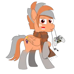 Size: 1200x1200 | Tagged: safe, artist:habiepon3, derpibooru import, oc, oc:habie hardcores, unofficial characters only, pegasus, pony, derpibooru community collaboration, 2022 community collab, base used, clothes, controller, image, looking at you, male, png, scarf, simple background, smiling, solo, transparent background
