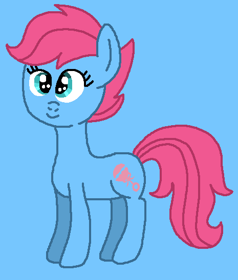 Size: 465x548 | Tagged: safe, artist:brobbol, derpibooru import, baby cuddles, earth pony, pony, baby, baby pony, blue background, cuddlebetes, cute, female, filly, full body, g1, g1 to g4, g4, generation leap, image, ms paint, paint.net, pink mane, pink tail, png, simple background, smiling, solo, standing, tail