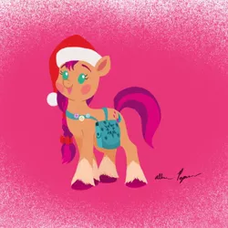 Size: 1080x1080 | Tagged: safe, artist:allisonpopick, derpibooru import, part of a set, sunny starscout, earth pony, pony, my little pony: a new generation, chibi, christmas, g5, hat, holiday, image, jpeg, santa hat, solo