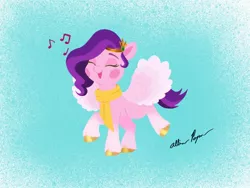 Size: 1080x810 | Tagged: safe, artist:allisonpopick, derpibooru import, part of a set, pipp petals, pegasus, pony, my little pony: a new generation, chibi, christmas, clothes, eyes closed, g5, holiday, image, jpeg, music notes, scarf, singing, solo
