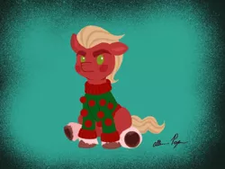 Size: 1080x810 | Tagged: safe, artist:allisonpopick, derpibooru import, part of a set, sprout cloverleaf, earth pony, pony, my little pony: a new generation, chibi, christmas, clothes, g5, holiday, image, jpeg, sitting, solo, sweater