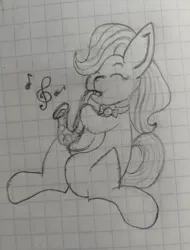 Size: 1840x2424 | Tagged: safe, artist:kanw, derpibooru import, beauty brass, earth pony, pony, bowtie, graph paper, image, monochrome, music notes, musical instrument, newbie artist training grounds, photo, playing instrument, png, saxophone, sitting, solo, traditional art