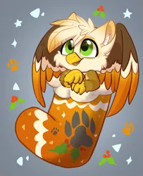 Size: 1731x2132 | Tagged: safe, artist:colorfulcolor233, derpibooru import, oc, oc:ember burd, unofficial characters only, gryphon, beak, chibi, christmas, christmas stocking, colored wings, commission, cute, eared griffon, feather, gradient wings, griffon oc, holiday, holly, image, jpeg, male, multicolored wings, ocbetes, paw prints, solo, talons, wings, ych result