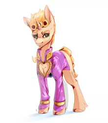 Size: 1313x1487 | Tagged: safe, artist:adamange1, derpibooru import, ponified, pony, unicorn, blonde hair, blonde mane, boob window, bottomless, braid, braided tail, cleavage window, clothes, giorno giovanna, green eyes, horn, image, jojo's bizarre adventure, partial nudity, png, standing, tail, yellow hair, yellow mane