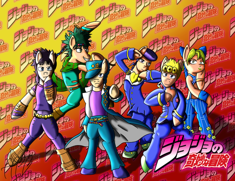 Size: 2600x2000 | Tagged: safe, artist:franklord, derpibooru import, ponified, pony, black hair, blue eyes, blue hair, giorno giovanna, green eyes, green hair, image, jojo pose, jojo's bizarre adventure, jolyne kujo, jonathan joestar, joseph joestar, josuke higashikata, jotaro kujo, orange background, png, pointing, purple hair, red background, simple background, wallpaper, yellow background